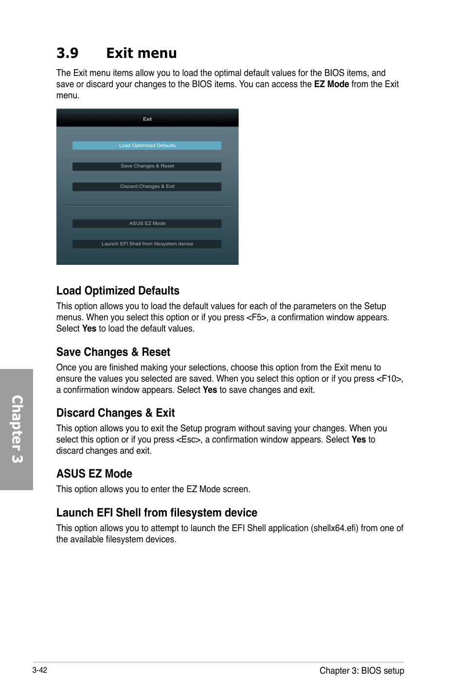 9 exit menu, Exit menu -42, Chapter 3 3.9 exit menu | Load optimized defaults, Save changes & reset, Discard changes & exit, Asus ez mode, Launch efi shell from filesystem device | Asus P8Z77-V PRO/THUNDERBOLT User Manual | Page 118 / 192