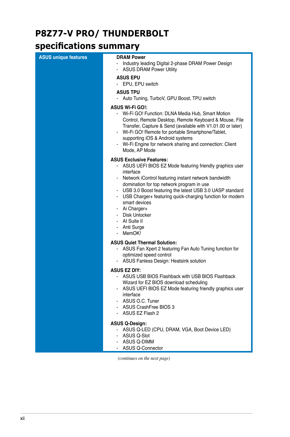 P8z77-v pro/ thunderbolt specifications summary | Asus P8Z77-V PRO/THUNDERBOLT User Manual | Page 12 / 192
