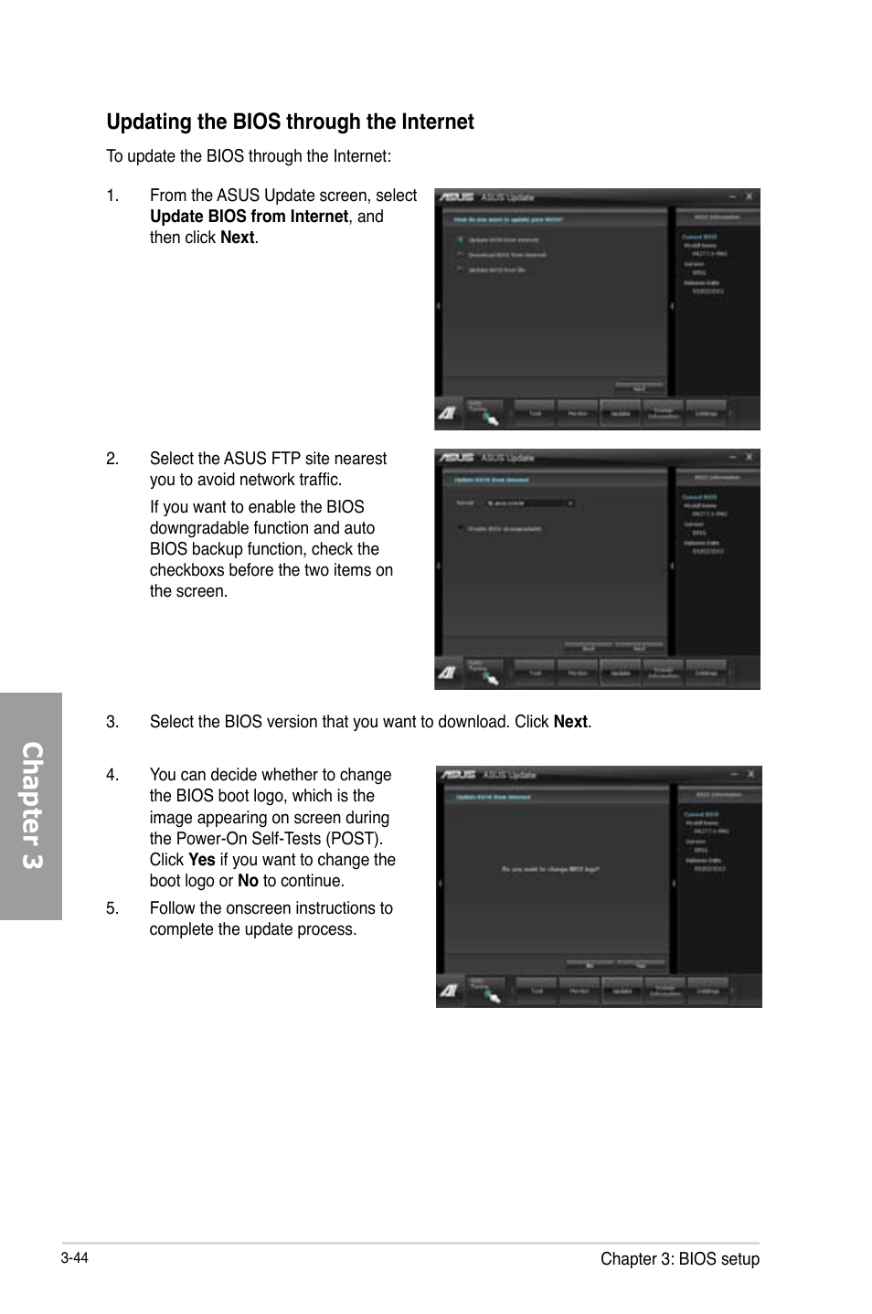 Chapter 3, Updating the bios through the internet | Asus P8Z77-V PRO/THUNDERBOLT User Manual | Page 120 / 192