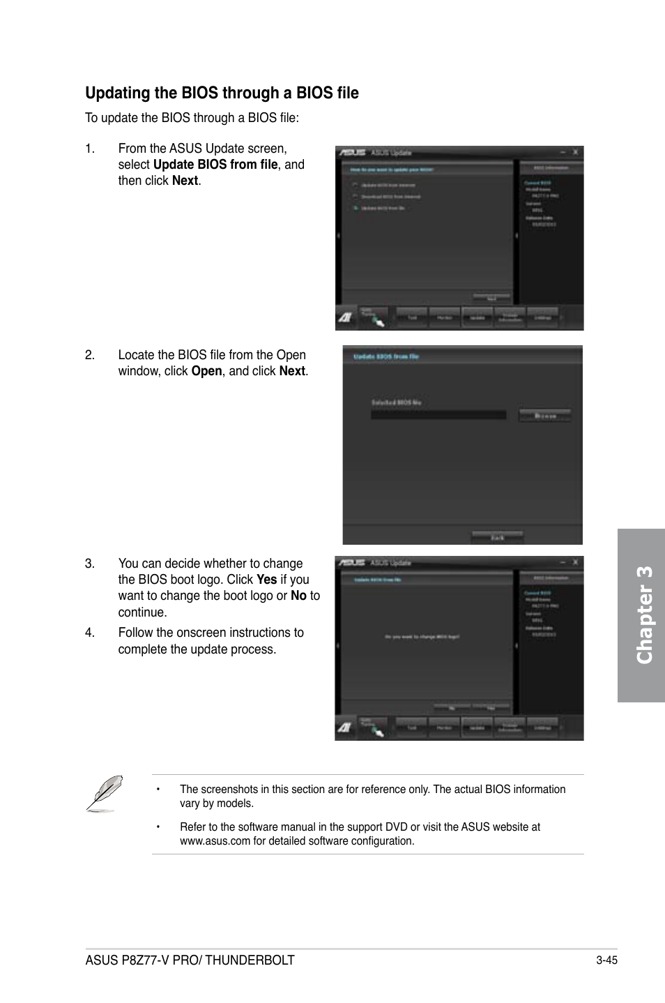 Chapter 3, Updating the bios through a bios file | Asus P8Z77-V PRO/THUNDERBOLT User Manual | Page 121 / 192