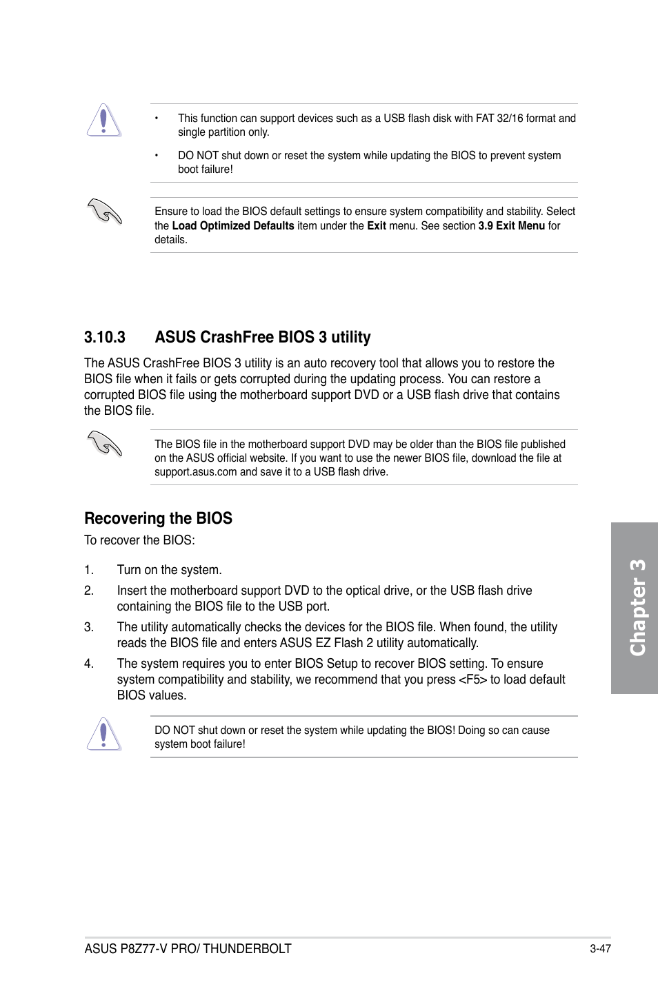 3 asus crashfree bios 3 utility, Asus crashfree bios 3 utility -47, Chapter 3 | Recovering the bios | Asus P8Z77-V PRO/THUNDERBOLT User Manual | Page 123 / 192