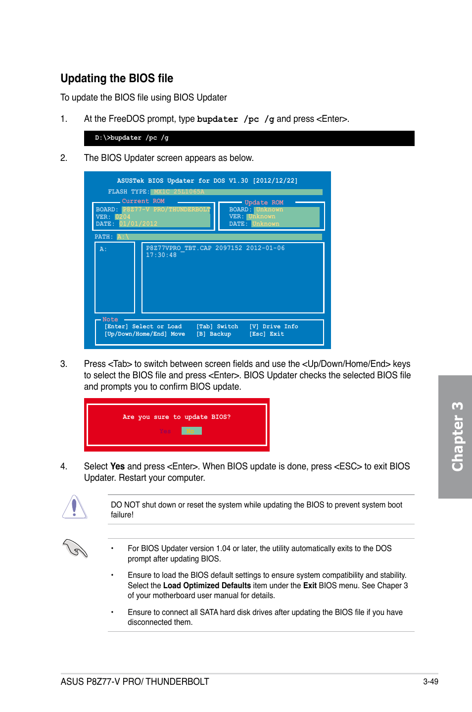 Chapter 3, Updating the bios file | Asus P8Z77-V PRO/THUNDERBOLT User Manual | Page 125 / 192