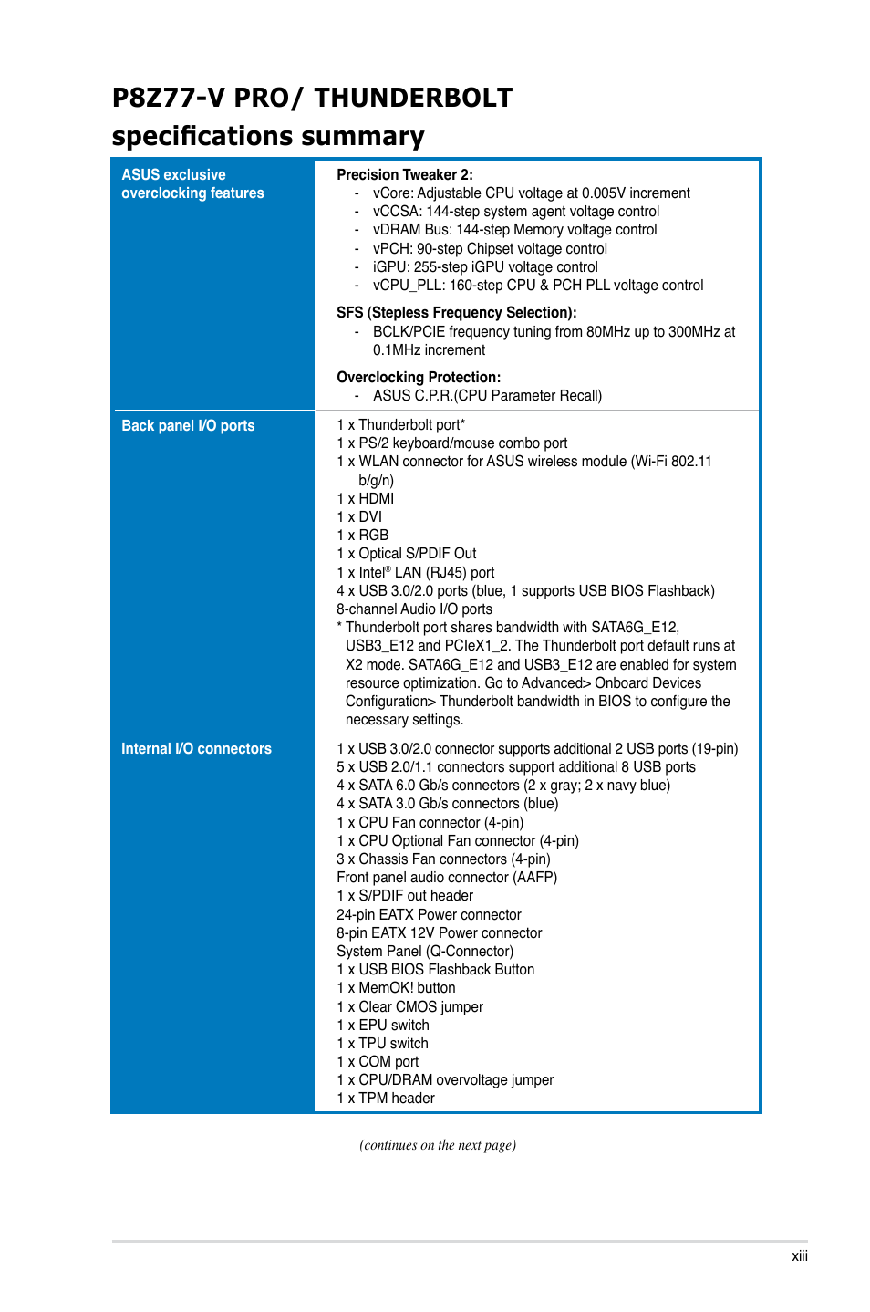 P8z77-v pro/ thunderbolt specifications summary | Asus P8Z77-V PRO/THUNDERBOLT User Manual | Page 13 / 192