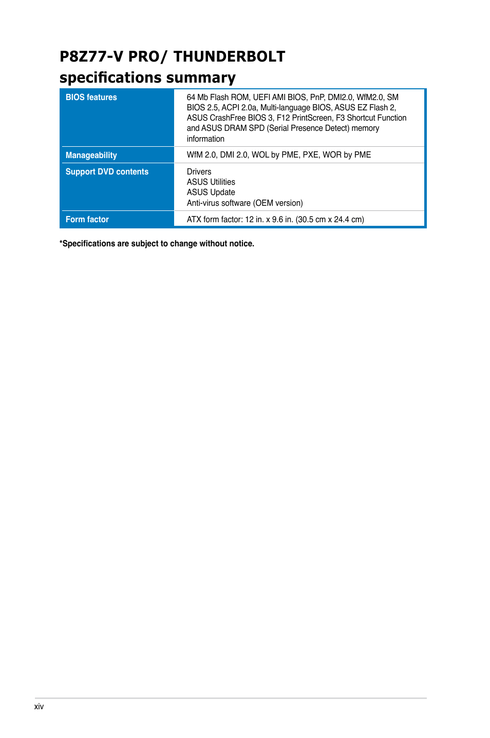 P8z77-v pro/ thunderbolt specifications summary | Asus P8Z77-V PRO/THUNDERBOLT User Manual | Page 14 / 192