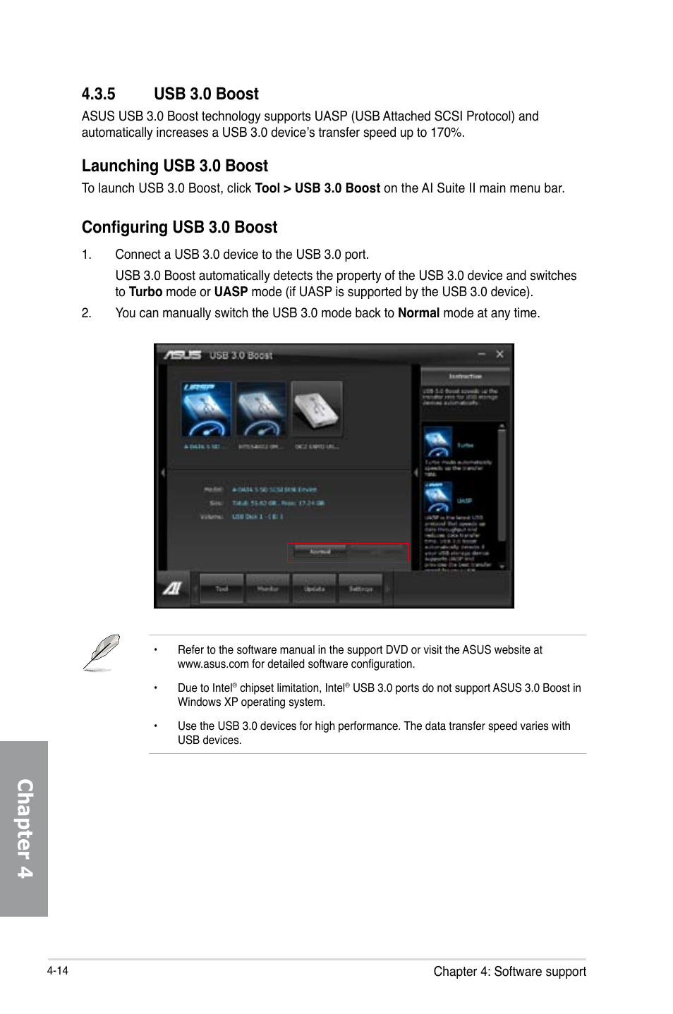 5 usb 3.0 boost, Usb 3.0 boost -14, Chapter 4 | Launching usb 3.0 boost, Configuring usb 3.0 boost | Asus P8Z77-V PRO/THUNDERBOLT User Manual | Page 140 / 192