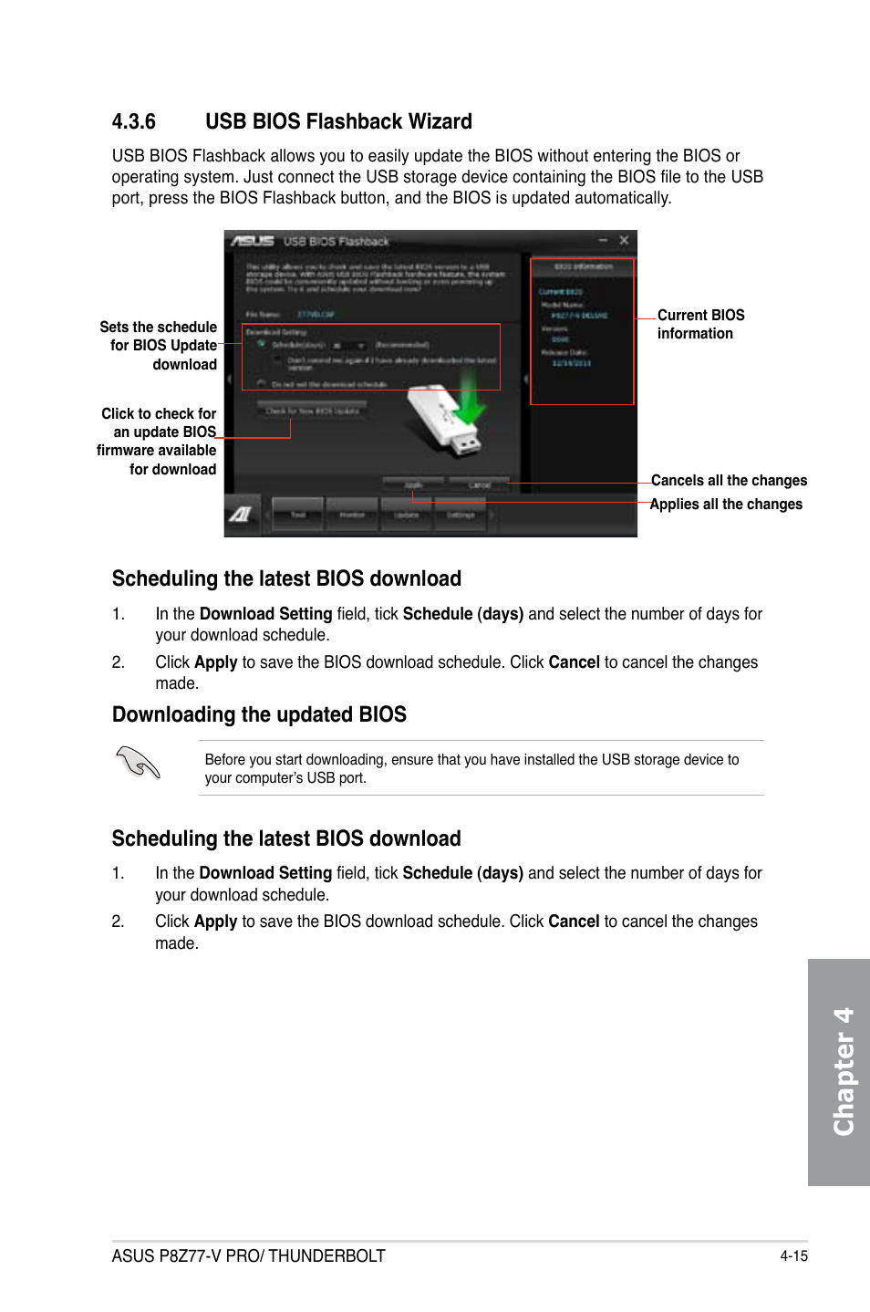 6 usb bios flashback wizard, Usb bios flashback wizard -15, Chapter 4 | Scheduling the latest bios download, Downloading the updated bios | Asus P8Z77-V PRO/THUNDERBOLT User Manual | Page 141 / 192