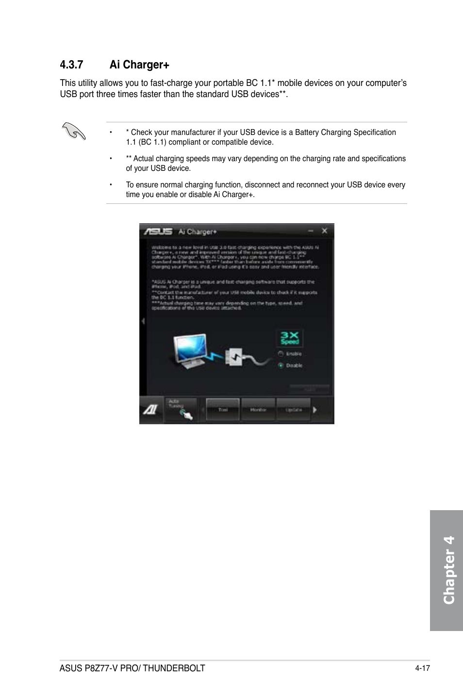 7 ai charger, Ai charger+ -17, Chapter 4 | Asus P8Z77-V PRO/THUNDERBOLT User Manual | Page 143 / 192