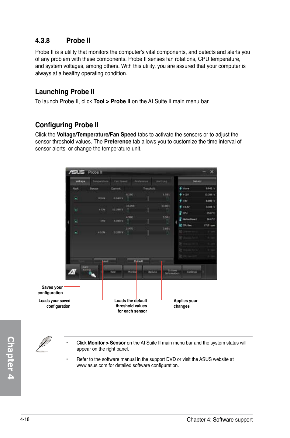 8 probe ii, Probe ii -18, Chapter 4 | Launching probe ii, Configuring probe ii | Asus P8Z77-V PRO/THUNDERBOLT User Manual | Page 144 / 192