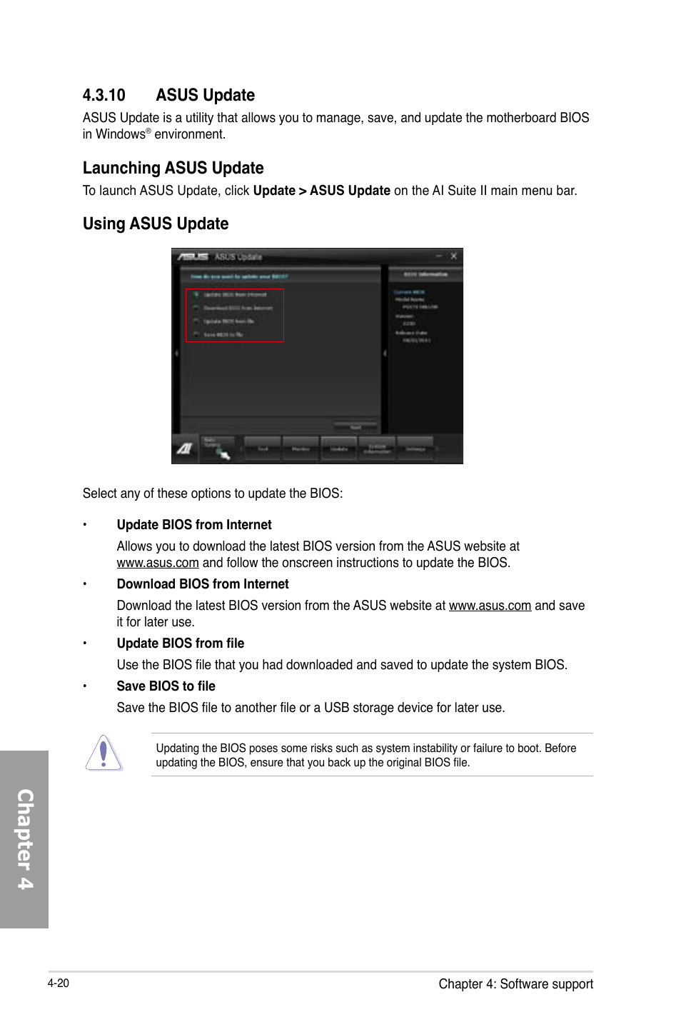 10 asus update, Asus update -20, Chapter 4 | Launching asus update, Using asus update | Asus P8Z77-V PRO/THUNDERBOLT User Manual | Page 146 / 192