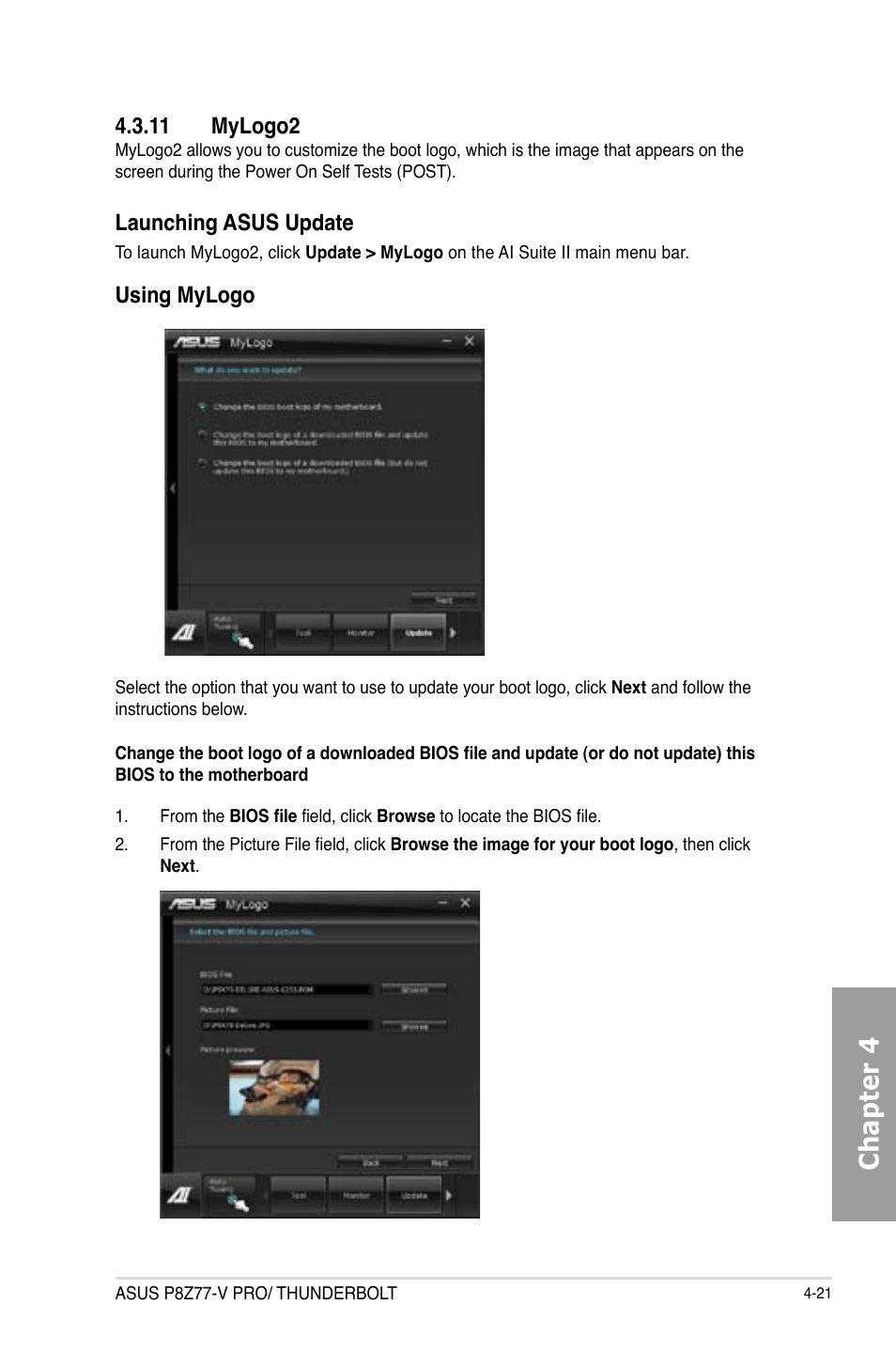 11 mylogo2, Mylogo2 -21, Chapter 4 | Launching asus update, Using mylogo | Asus P8Z77-V PRO/THUNDERBOLT User Manual | Page 147 / 192