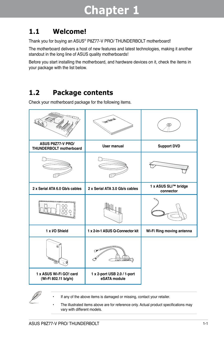 Chapter 1: product introduction, 1 welcome, 2 package contents | Chapter 1, Product introduction, Welcome! -1, Package contents -1, Chapter 1 1.1 welcome | Asus P8Z77-V PRO/THUNDERBOLT User Manual | Page 15 / 192