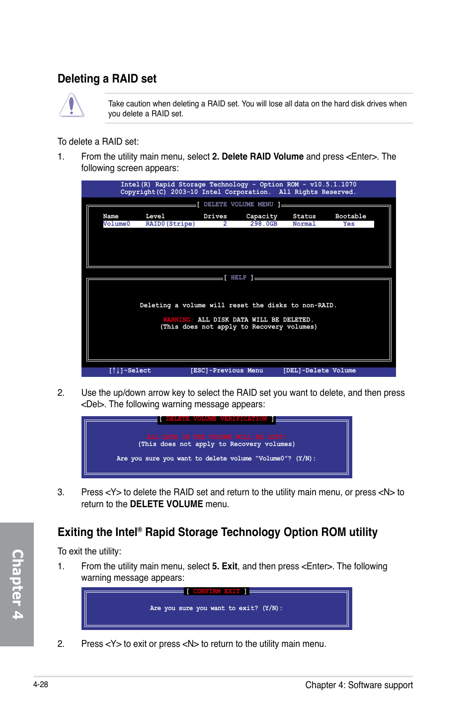 Chapter 4, Deleting a raid set, Exiting the intel | Rapid storage technology option rom utility | Asus P8Z77-V PRO/THUNDERBOLT User Manual | Page 154 / 192