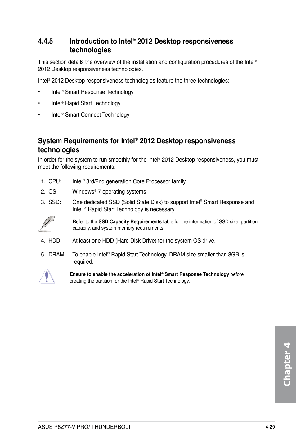 Introduction to intel, 2012 desktop responsiveness, Technologies -29 | Chapter 4, 5 introduction to intel, 2012 desktop responsiveness technologies, System requirements for intel | Asus P8Z77-V PRO/THUNDERBOLT User Manual | Page 155 / 192