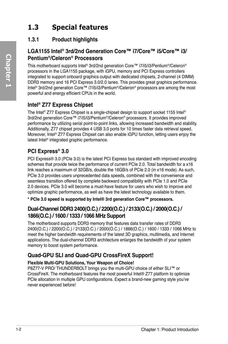 3 special features, 1 product highlights, Special features -2 1.3.1 | Product highlights -2, Chapter 1 1.3 special features, Celeron, Processors, Intel, Z77 express chipset, Pci express | Asus P8Z77-V PRO/THUNDERBOLT User Manual | Page 16 / 192