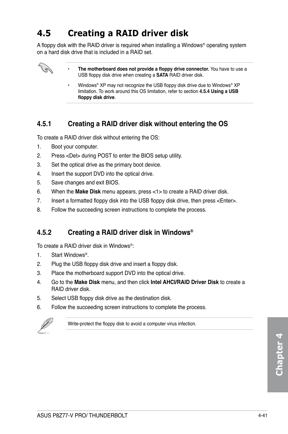 5 creating a raid driver disk, 2 creating a raid driver disk in windows, Creating a raid driver disk -41 4.5.1 | Creating a raid driver disk in windows, Chapter 4 4.5 creating a raid driver disk | Asus P8Z77-V PRO/THUNDERBOLT User Manual | Page 167 / 192