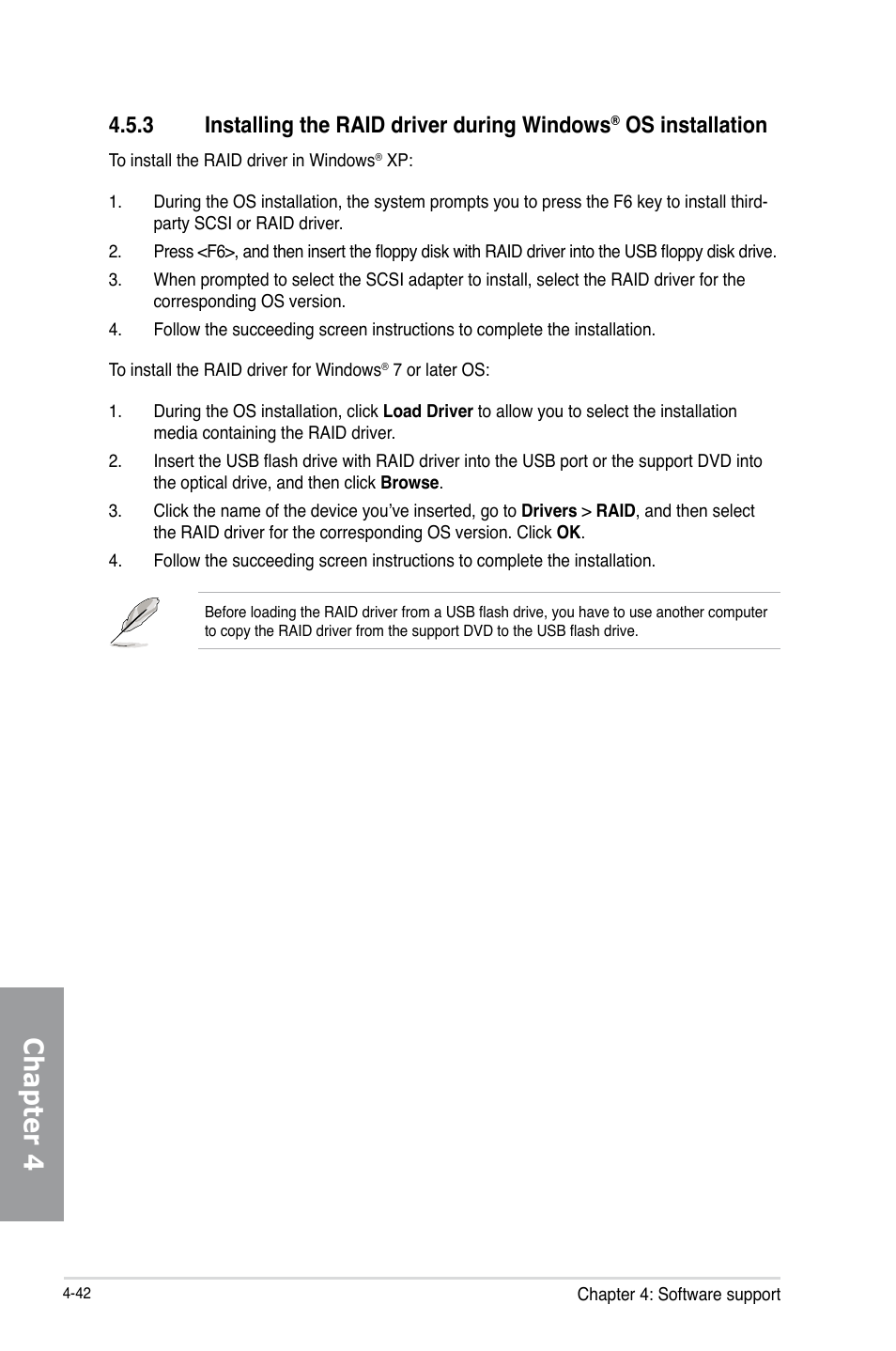 Installing the raid driver during windows, Os installation -42, Chapter 4 | 3 installing the raid driver during windows, Os installation | Asus P8Z77-V PRO/THUNDERBOLT User Manual | Page 168 / 192