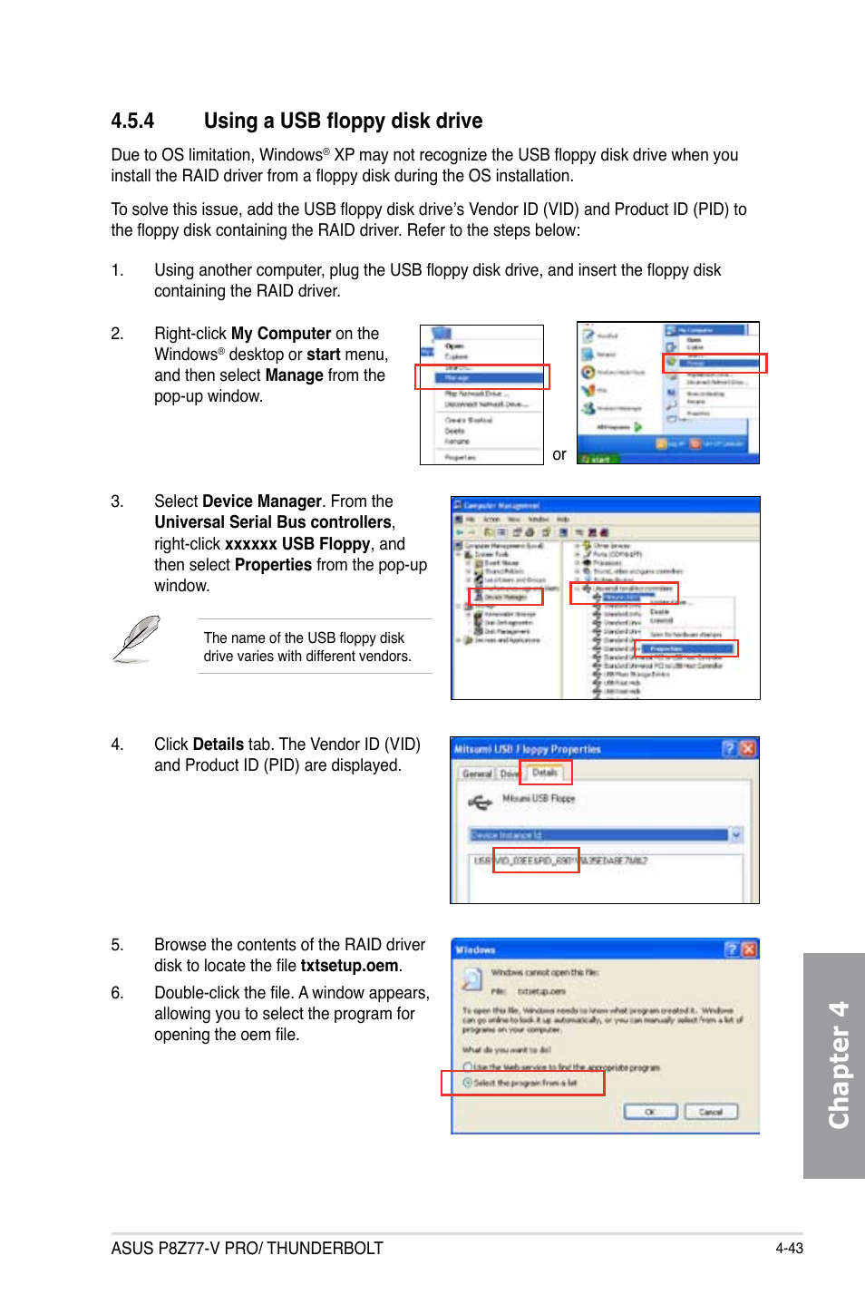 4 using a usb floppy disk drive, Using a usb floppy disk drive -43, Chapter 4 | Asus P8Z77-V PRO/THUNDERBOLT User Manual | Page 169 / 192