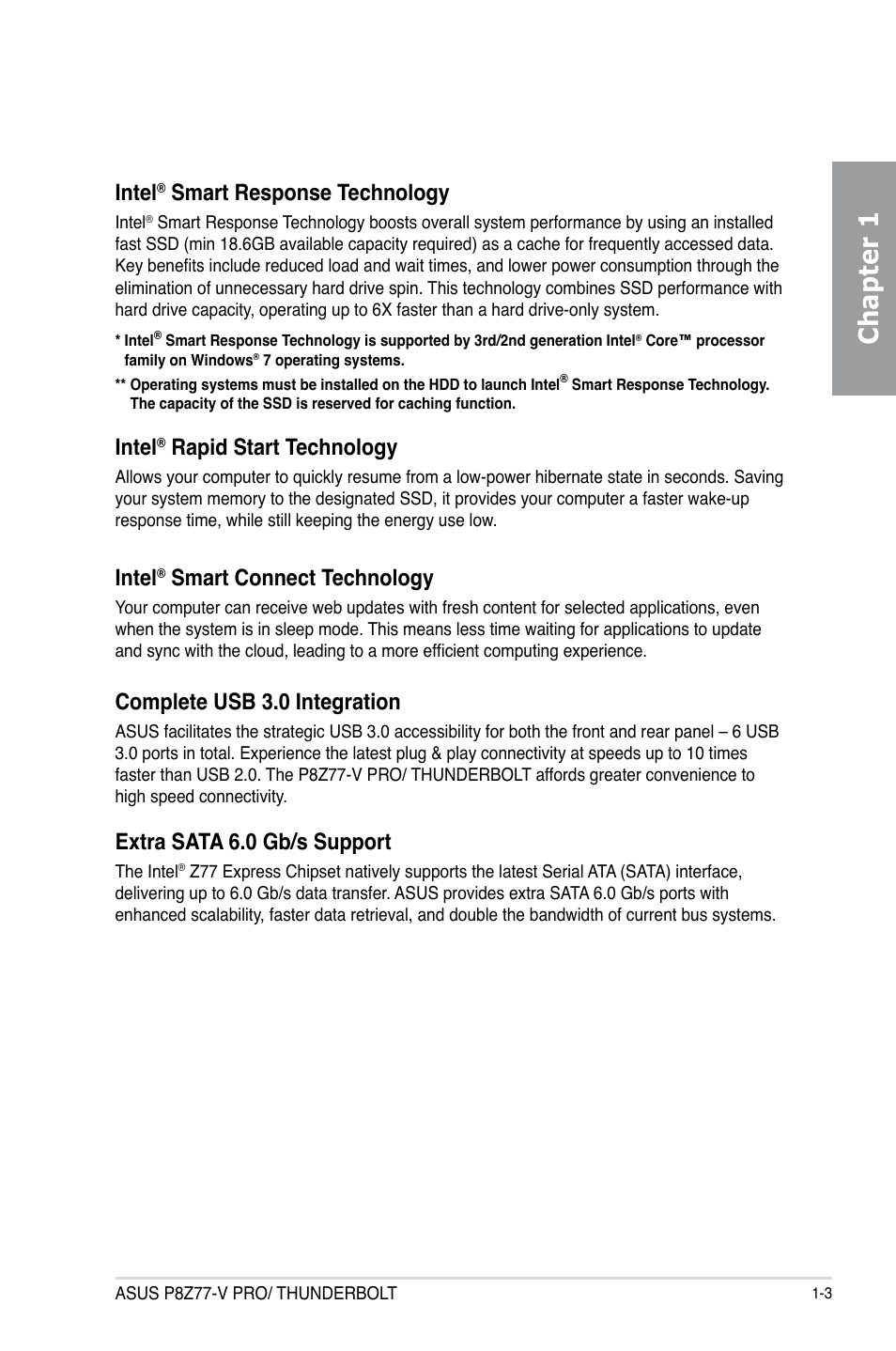 Chapter 1, Intel, Smart response technology | Rapid start technology, Smart connect technology, Complete usb 3.0 integration, Extra sata 6.0 gb/s support | Asus P8Z77-V PRO/THUNDERBOLT User Manual | Page 17 / 192