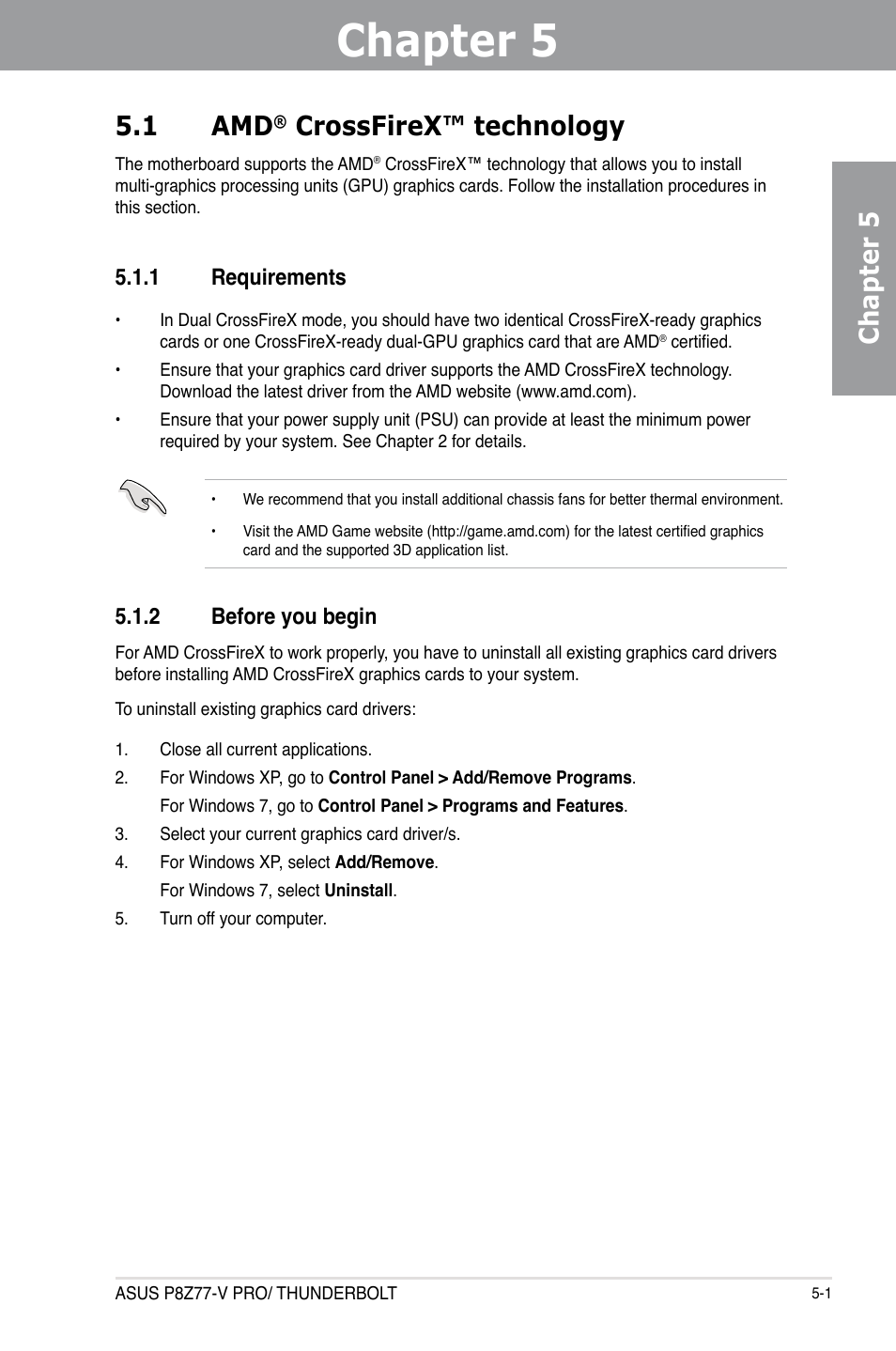 Chapter 5: multiple gpu technology support, 1 amd® crossfirex™ technology, 1 requirements | 2 before you begin, Chapter 5, Multiple gpu technology support, Crossfirex™ technology -1, Requirements -1, Before you begin -1, 1 amd | Asus P8Z77-V PRO/THUNDERBOLT User Manual | Page 171 / 192