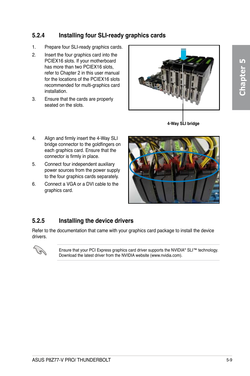 4 installing four sli-ready graphics cards, 5 installing the device drivers, Installing four sli-ready graphics cards -9 | Installing the device drivers -9, Chapter 5 | Asus P8Z77-V PRO/THUNDERBOLT User Manual | Page 179 / 192