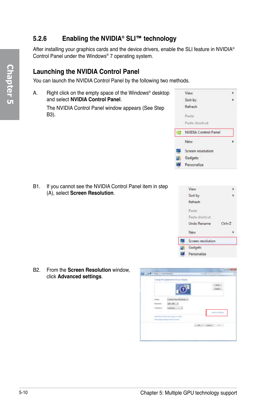 6 enabling the nvidia® sli™ technology, Enabling the nvidia, Sli™ technology -10 | Chapter 5, 6 enabling the nvidia, Sli™ technology, Launching the nvidia control panel | Asus P8Z77-V PRO/THUNDERBOLT User Manual | Page 180 / 192