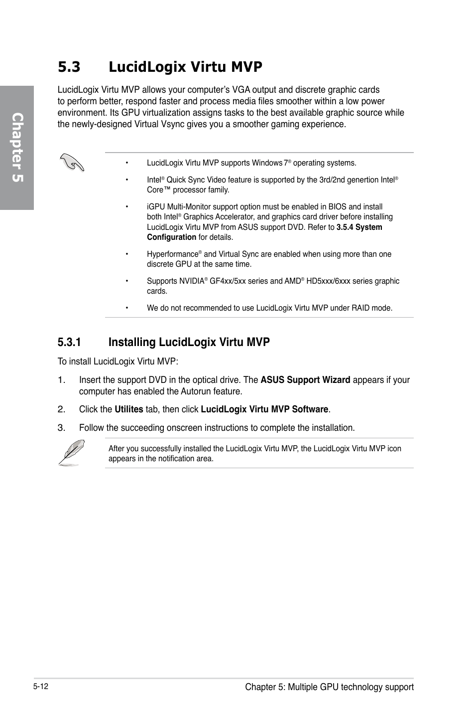 3 lucidlogix virtu mvp, 1 installing lucidlogix virtu mvp, Lucidlogix virtu mvp -12 5.3.1 | Installing lucidlogix virtu mvp -12, Chapter 5 5.3 lucidlogix virtu mvp | Asus P8Z77-V PRO/THUNDERBOLT User Manual | Page 182 / 192