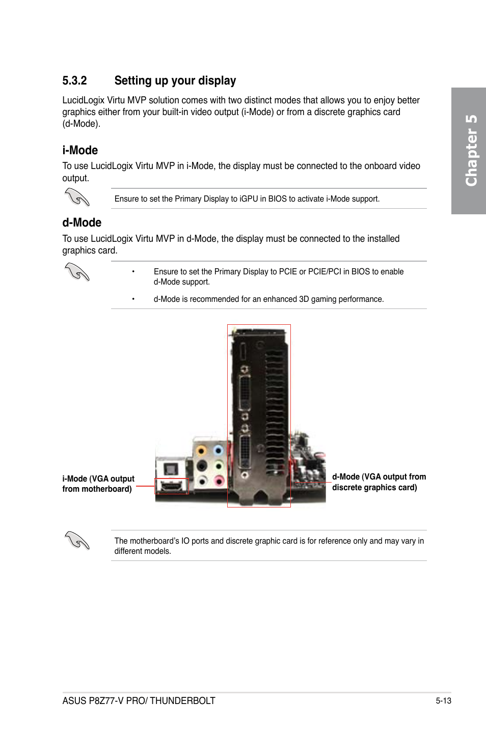 2 setting up your display, Setting up your display -13, Chapter 5 | I-mode, D-mode | Asus P8Z77-V PRO/THUNDERBOLT User Manual | Page 183 / 192