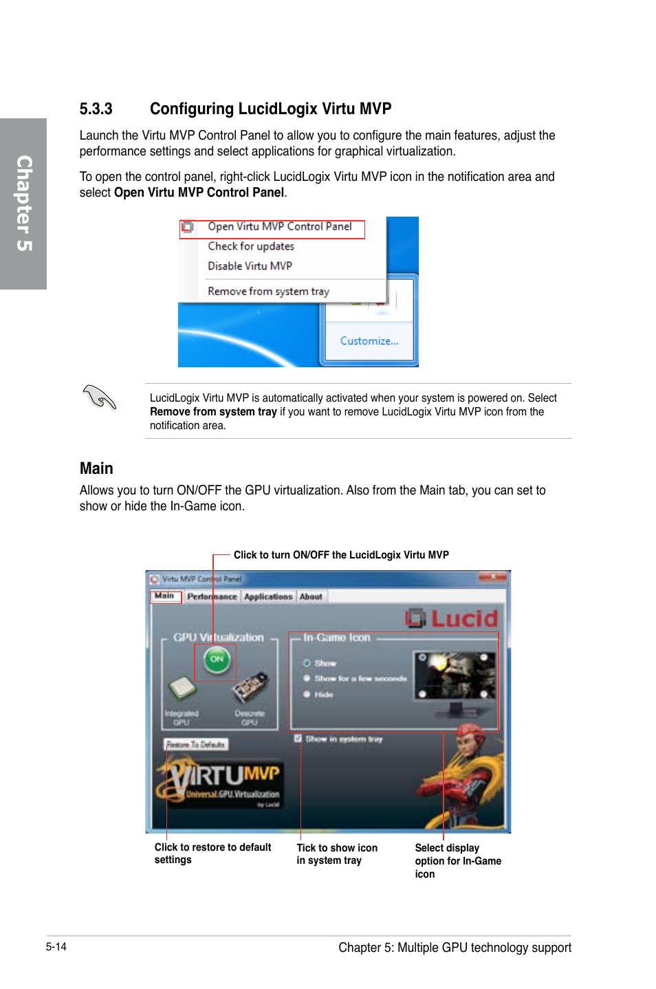 3 configuring lucidlogix virtu mvp, Configuring lucidlogix virtu mvp -14, Chapter 5 | Main | Asus P8Z77-V PRO/THUNDERBOLT User Manual | Page 184 / 192