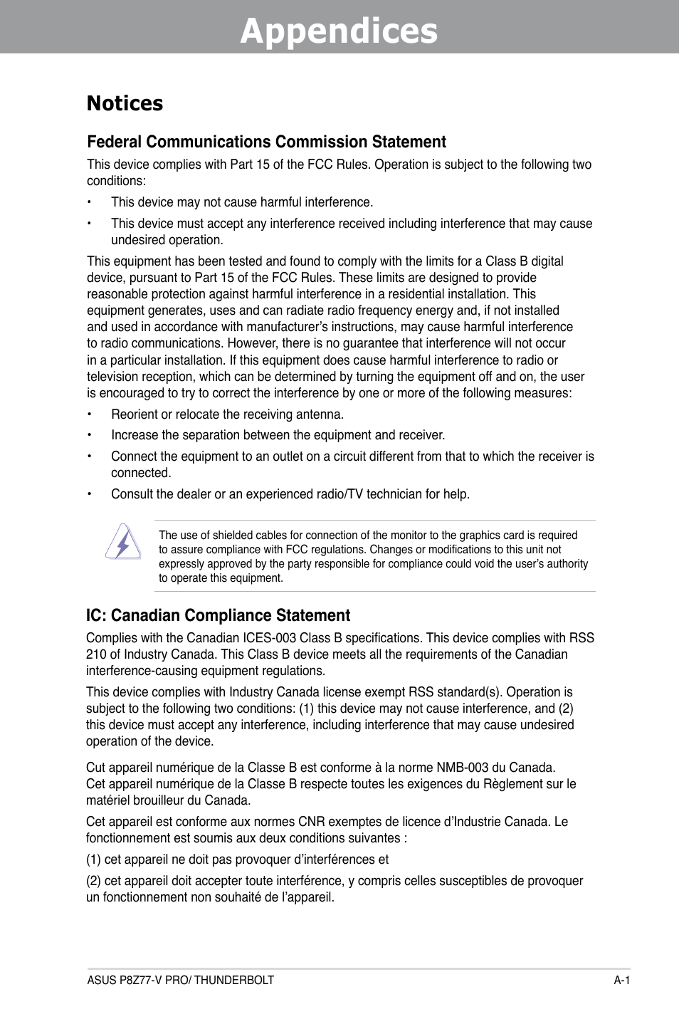 Appendices, Notices, Federal communications commission statement | Ic: canadian compliance statement | Asus P8Z77-V PRO/THUNDERBOLT User Manual | Page 187 / 192