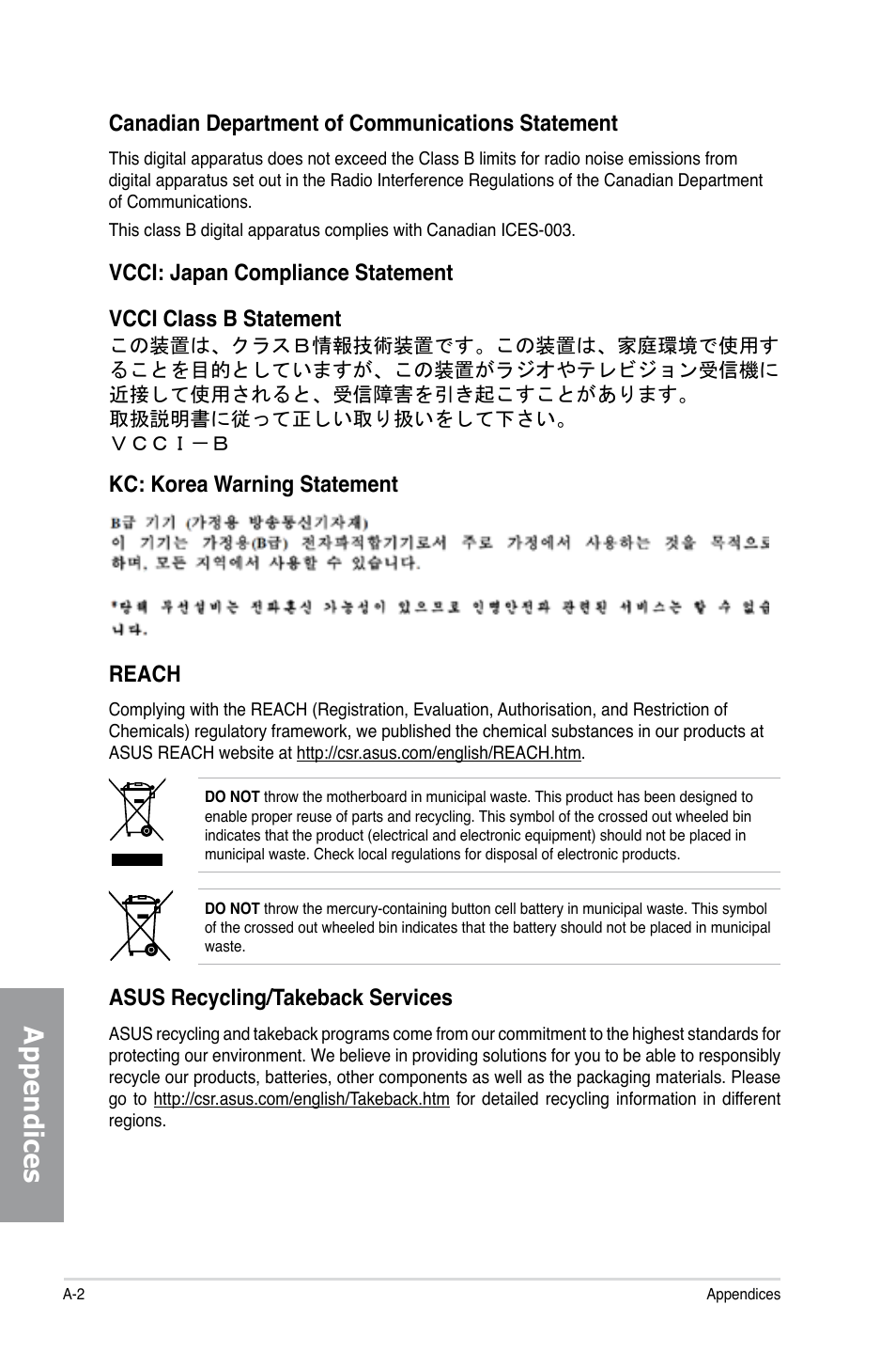 Appendices, Reach, Asus recycling/takeback services | Asus P8Z77-V PRO/THUNDERBOLT User Manual | Page 188 / 192