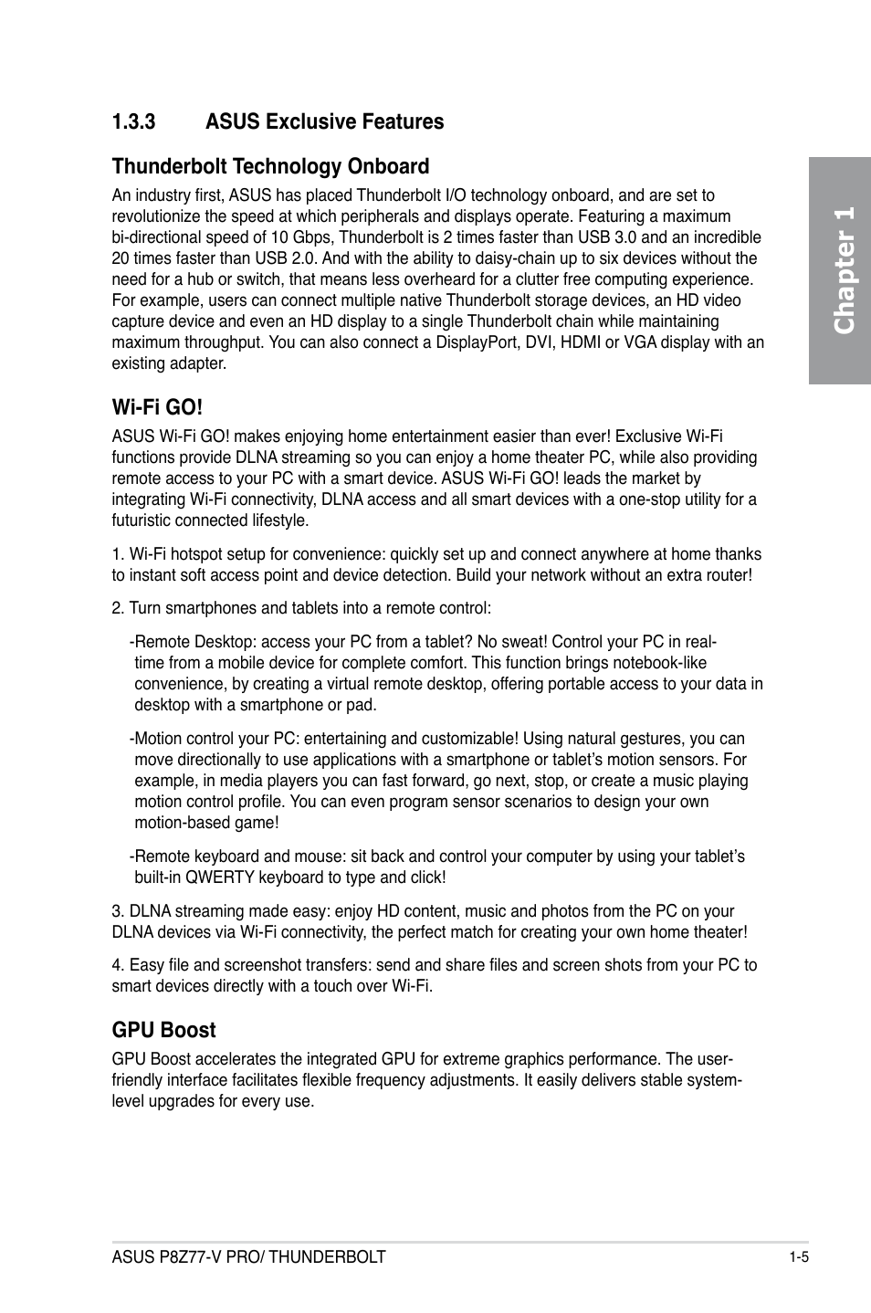 3 asus exclusive features, Asus exclusive features -5, Chapter 1 | Wi-fi go, Gpu boost | Asus P8Z77-V PRO/THUNDERBOLT User Manual | Page 19 / 192
