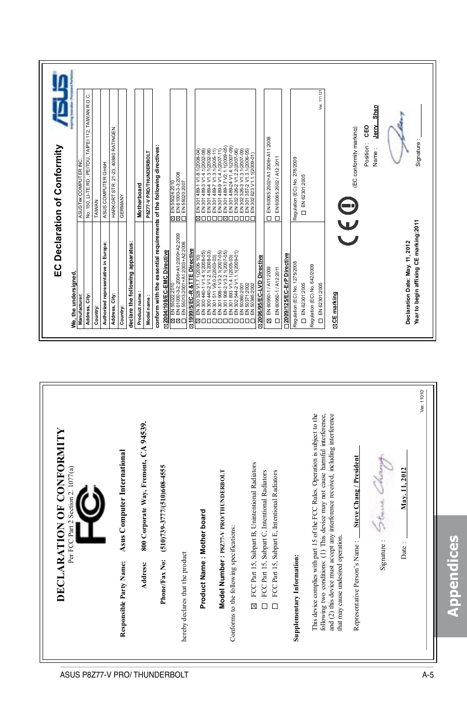 Appendices, Asus p8z77-v pro/ thunderbolt a-5, Asu s c om pu te r in te rn at io nal | Asus P8Z77-V PRO/THUNDERBOLT User Manual | Page 191 / 192