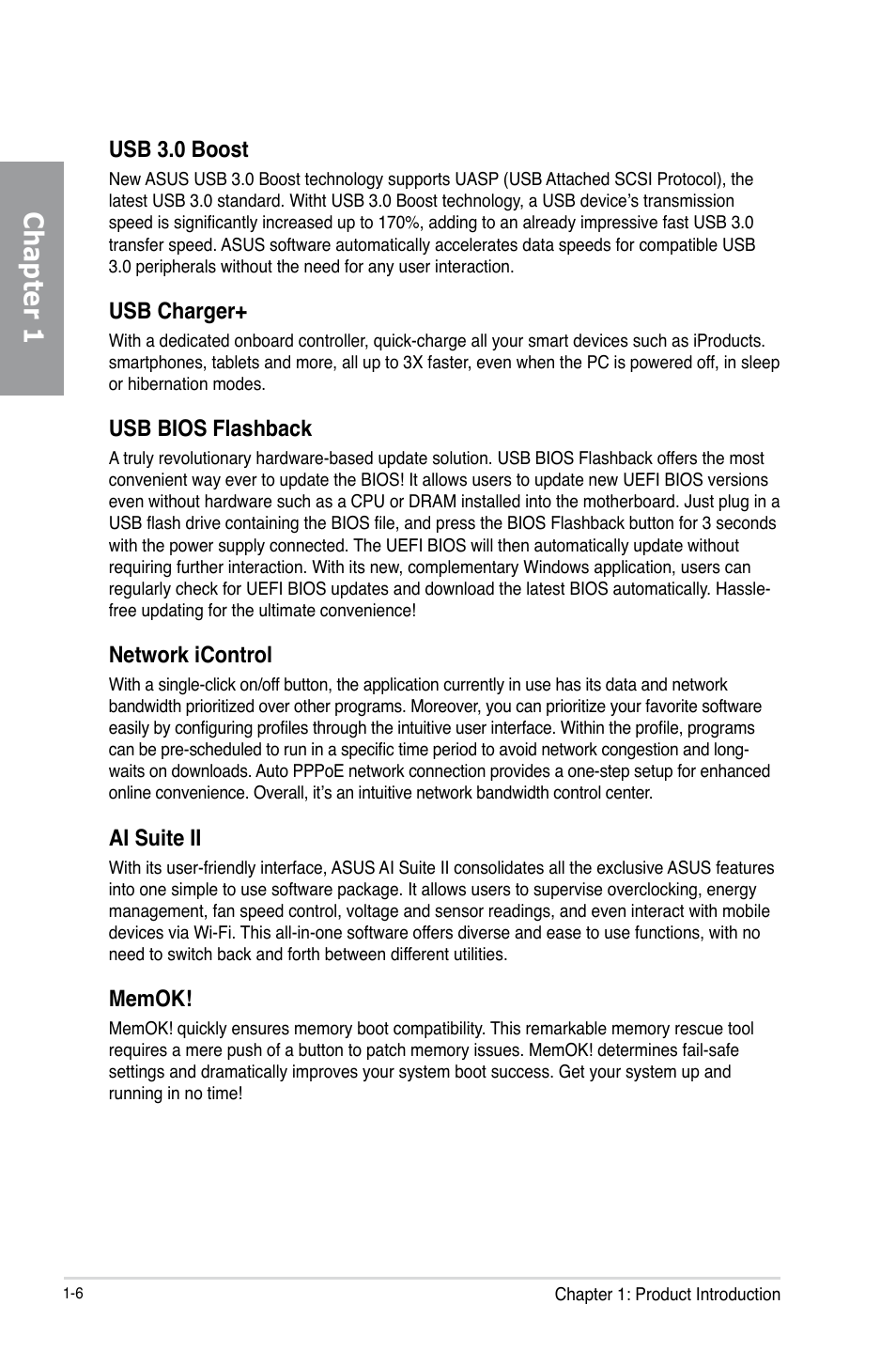 Chapter 1, Usb 3.0 boost, Usb charger | Usb bios flashback, Network icontrol, Ai suite ii | Asus P8Z77-V PRO/THUNDERBOLT User Manual | Page 20 / 192