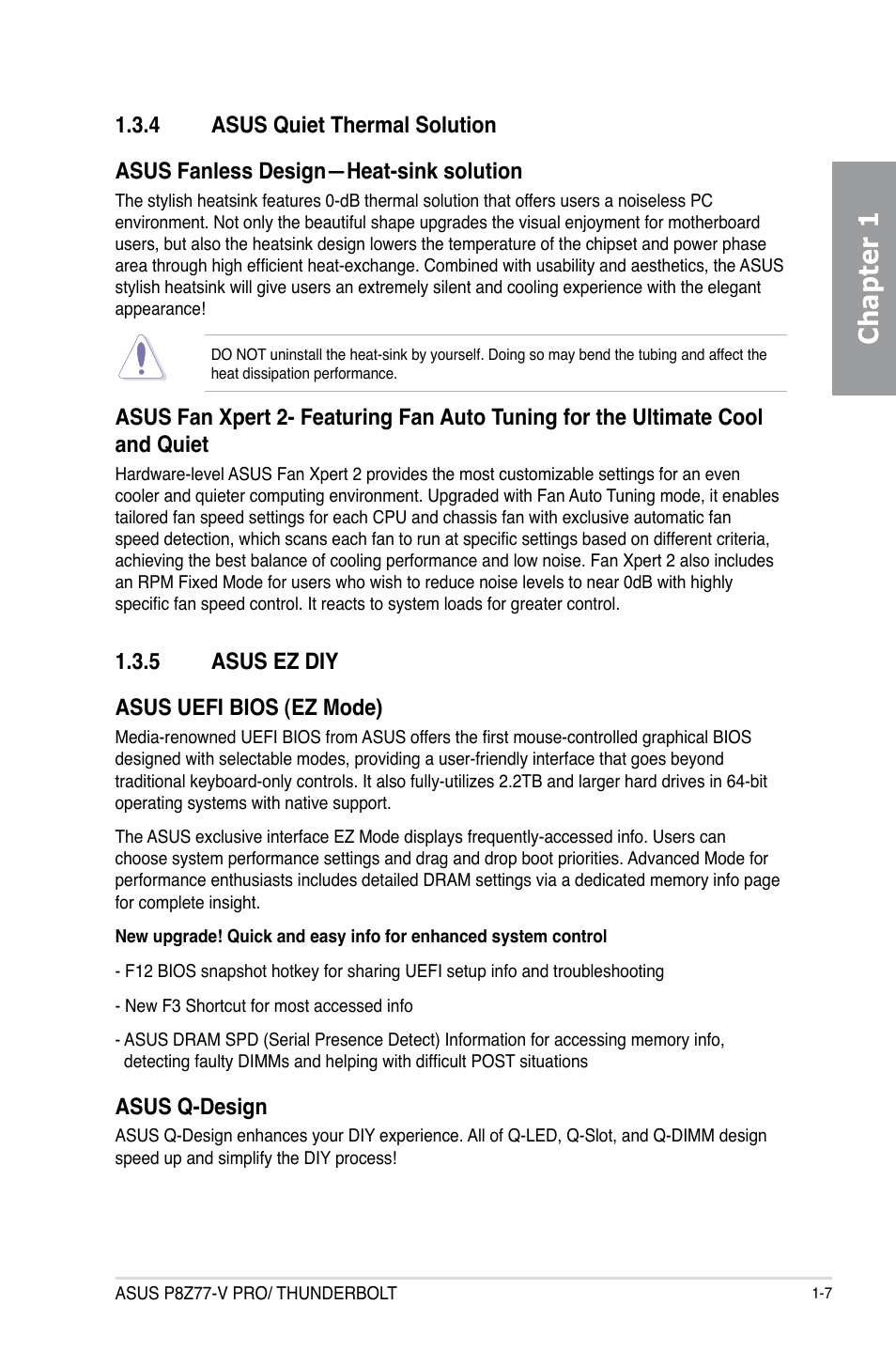 4 asus quiet thermal solution, 5 asus ez diy, Asus quiet thermal solution -7 | Asus ez diy -7, Chapter 1, 5 asus ez diy asus uefi bios (ez mode), Asus q-design | Asus P8Z77-V PRO/THUNDERBOLT User Manual | Page 21 / 192