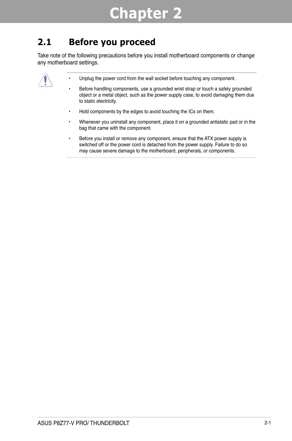 Chapter 2: hardware information, 1 before you proceed, Chapter 2 | Hardware information, Before you proceed -1 | Asus P8Z77-V PRO/THUNDERBOLT User Manual | Page 25 / 192