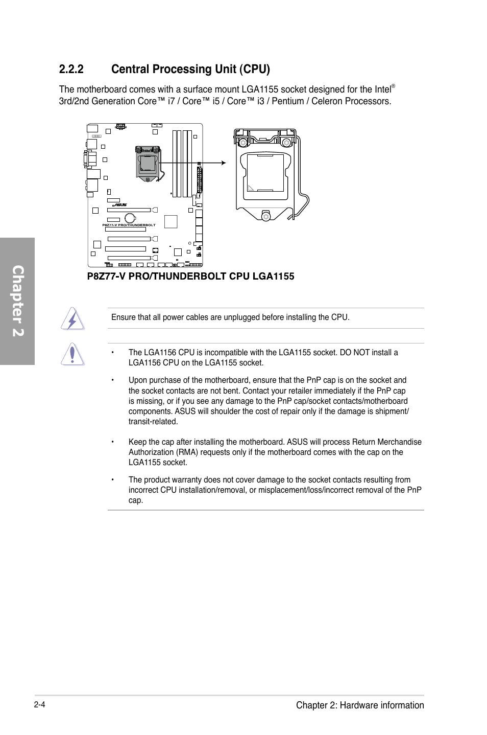 2 central processing unit (cpu), Central processing unit (cpu) -4, Chapter 2 | Asus P8Z77-V PRO/THUNDERBOLT User Manual | Page 28 / 192