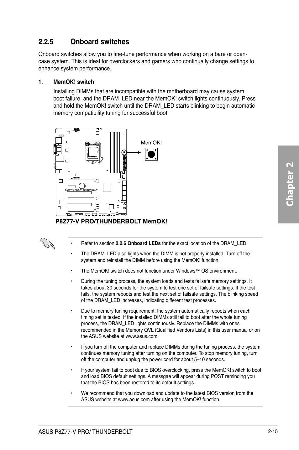5 onboard switches, Onboard switches -15, Chapter 2 | Asus P8Z77-V PRO/THUNDERBOLT User Manual | Page 39 / 192