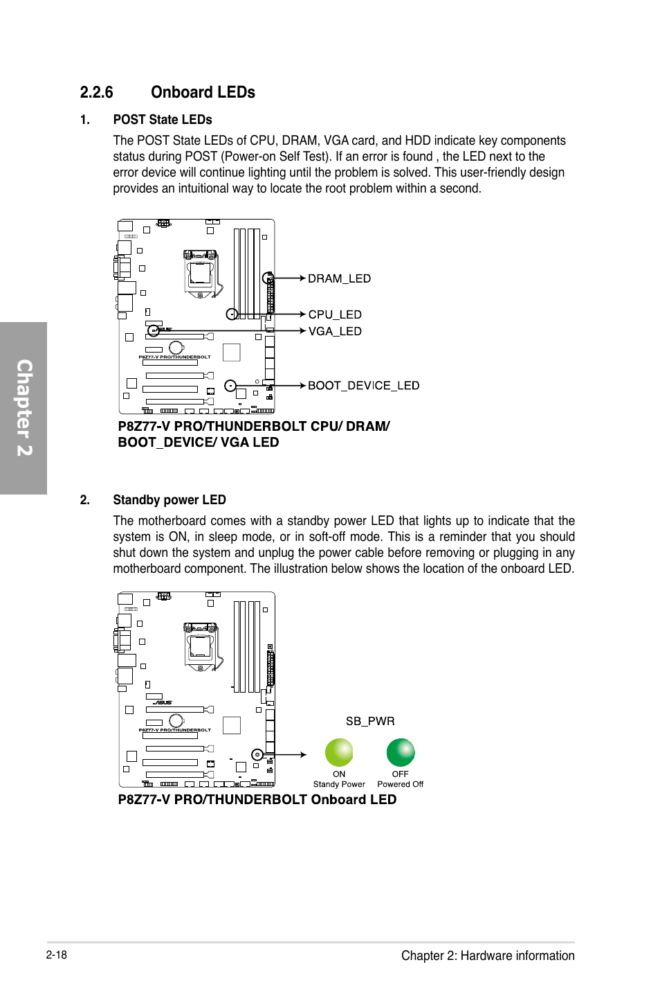 6 onboard leds, Onboard leds -18, Chapter 2 | Asus P8Z77-V PRO/THUNDERBOLT User Manual | Page 42 / 192