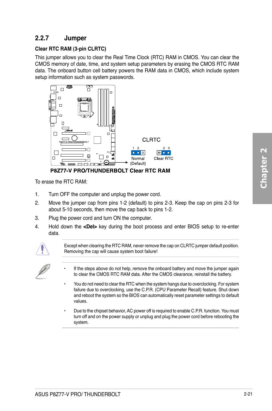 7 jumper, Jumper -21, Chapter 2 | Asus P8Z77-V PRO/THUNDERBOLT User Manual | Page 45 / 192