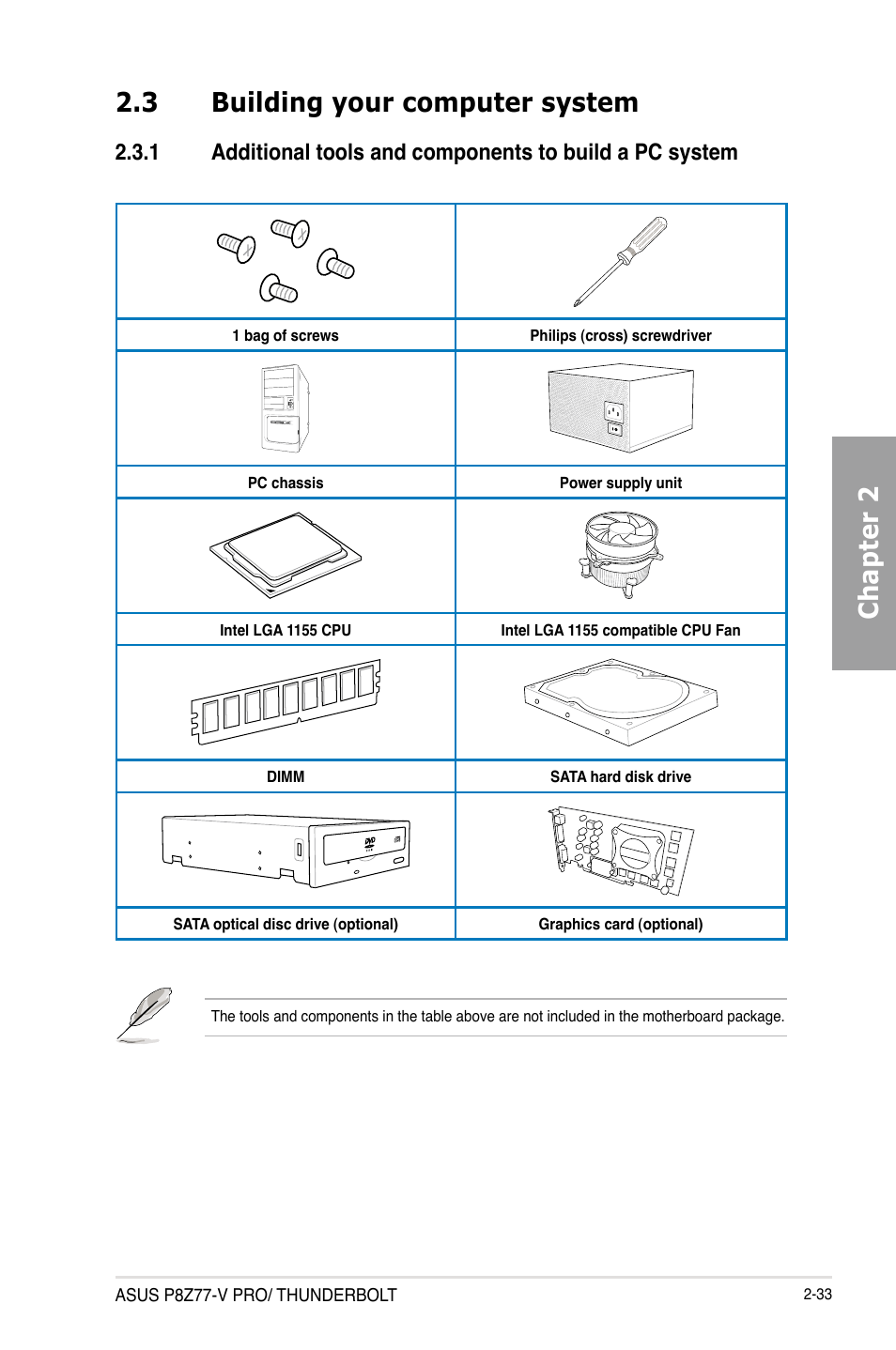 3 building your computer system, Building your computer system -33 2.3.1, Chapter 2 2.3 building your computer system | Asus P8Z77-V PRO/THUNDERBOLT User Manual | Page 57 / 192