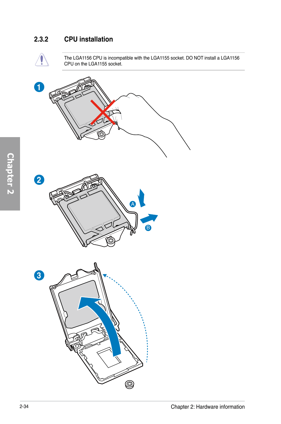 2 cpu installation, Cpu installation -34, Chapter 2 1 2 3 | Asus P8Z77-V PRO/THUNDERBOLT User Manual | Page 58 / 192