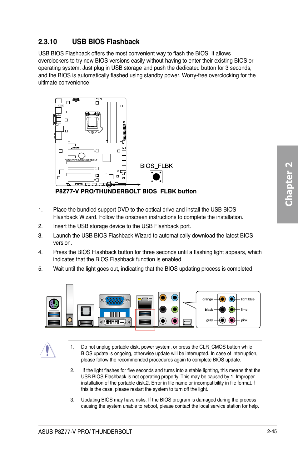 10 usb bios flashback, Usb bios flashback -45, Chapter 2 | Asus P8Z77-V PRO/THUNDERBOLT User Manual | Page 69 / 192