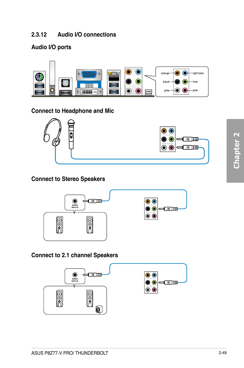 12 audio i/o connections, Audio i/o connections -49, Chapter 2 | Asus P8Z77-V PRO/THUNDERBOLT User Manual | Page 73 / 192