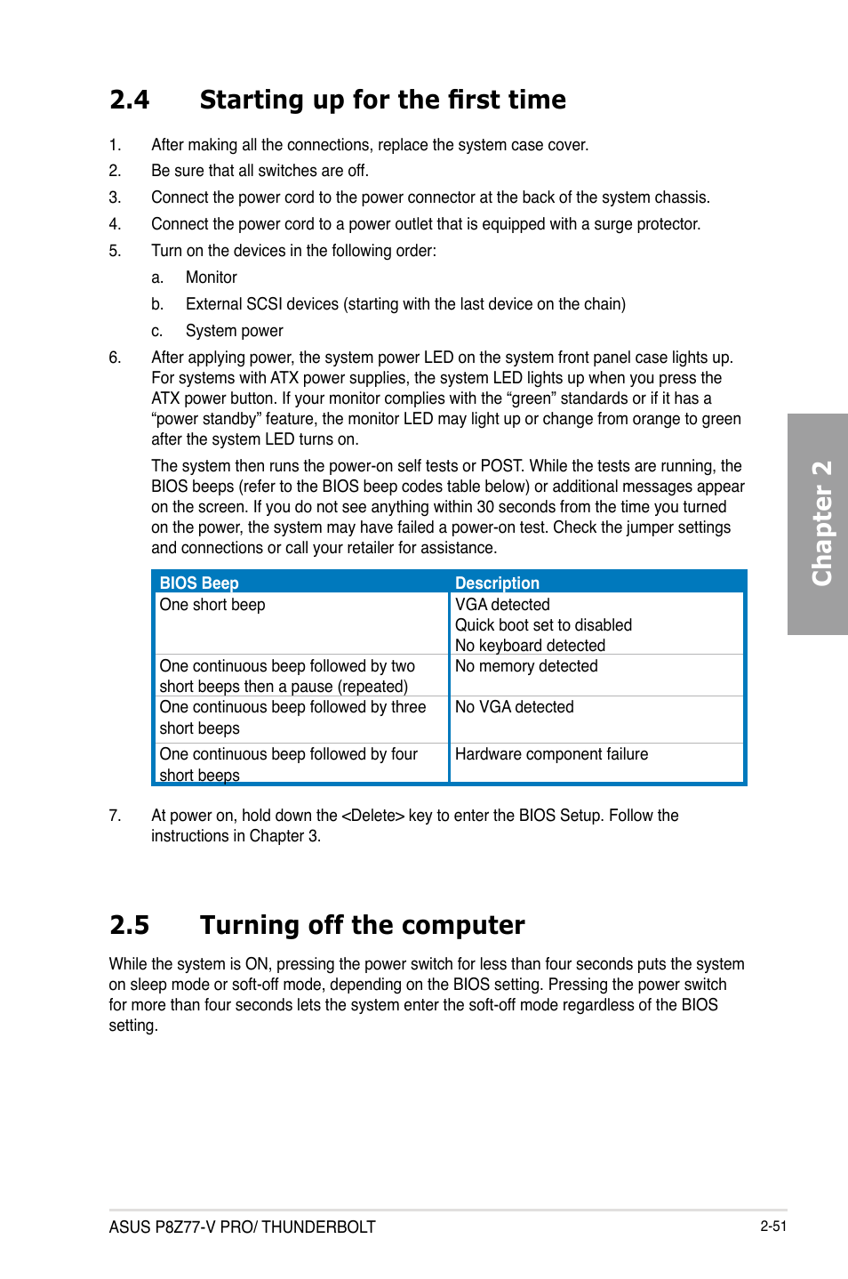 4 starting up for the first time, 5 turning off the computer, Starting up for the first time -51 | Turning off the computer -51, Chapter 2 2.4 starting up for the first time | Asus P8Z77-V PRO/THUNDERBOLT User Manual | Page 75 / 192