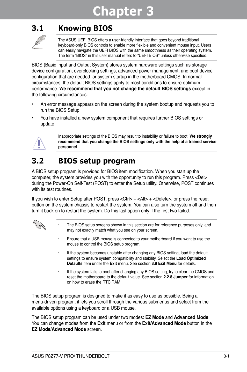 Chapter 3: bios setup, 1 knowing bios, 2 bios setup program | Chapter 3, Bios setup, Knowing bios -1, Bios setup program -1 | Asus P8Z77-V PRO/THUNDERBOLT User Manual | Page 77 / 192