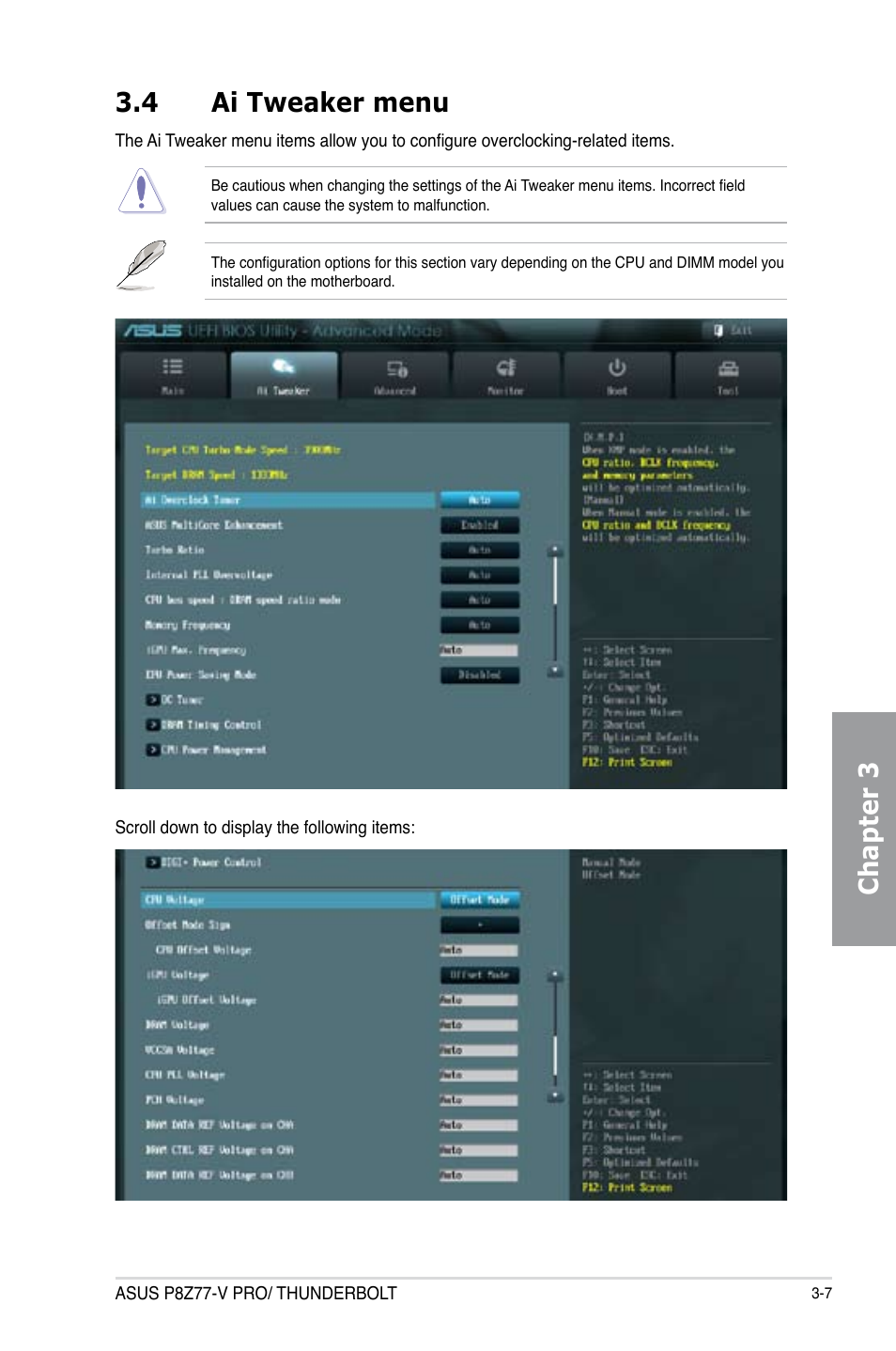 4 ai tweaker menu, Ai tweaker menu -7, Chapter 3 3.4 ai tweaker menu | Asus P8Z77-V PRO/THUNDERBOLT User Manual | Page 83 / 192
