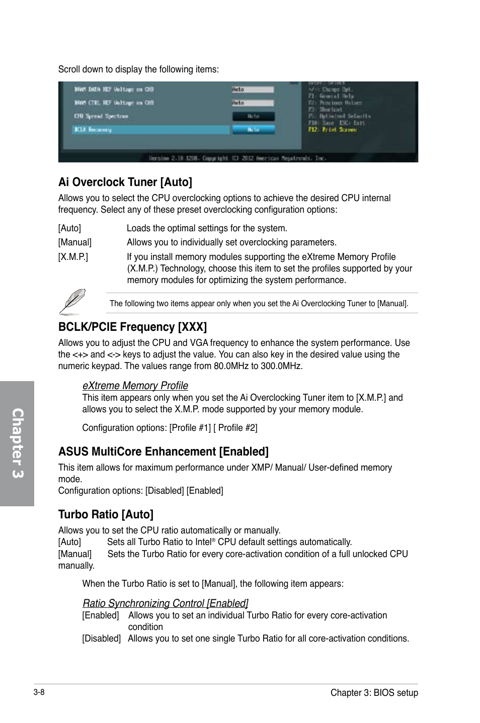 Chapter 3, Ai overclock tuner [auto, Bclk/pcie frequency [xxx | Asus multicore enhancement [enabled, Turbo ratio [auto | Asus P8Z77-V PRO/THUNDERBOLT User Manual | Page 84 / 192