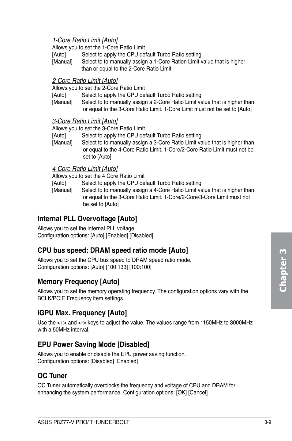 Chapter 3, Internal pll overvoltage [auto, Cpu bus speed: dram speed ratio mode [auto | Igpu max. frequency [auto, Epu power saving mode [disabled, Oc tuner | Asus P8Z77-V PRO/THUNDERBOLT User Manual | Page 85 / 192