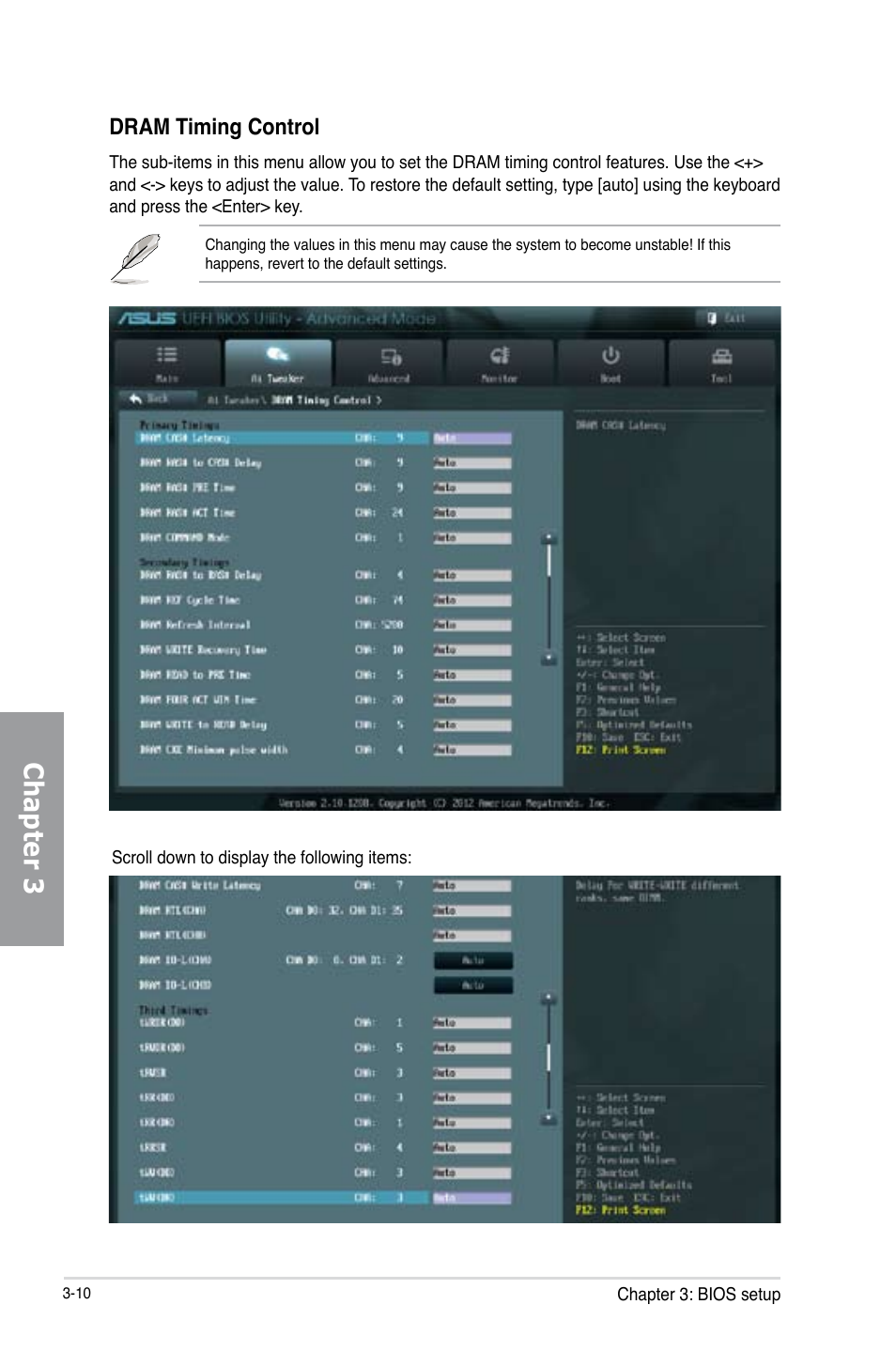 Dram timing control, Dram timing control -10, Chapter 3 | Asus P8Z77-V PRO/THUNDERBOLT User Manual | Page 86 / 192