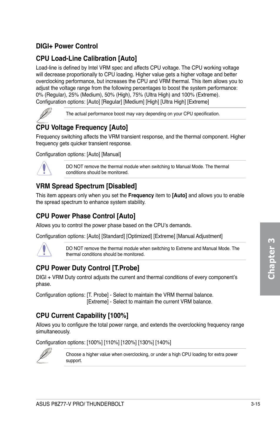 Chapter 3, Cpu voltage frequency [auto, Vrm spread spectrum [disabled | Cpu power phase control [auto, Cpu power duty control [t.probe, Cpu current capability [100 | Asus P8Z77-V PRO/THUNDERBOLT User Manual | Page 91 / 192
